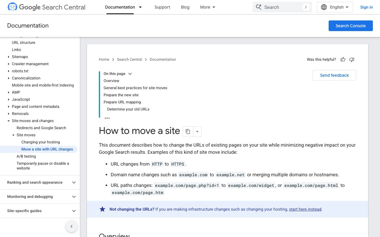 Google Search Central site move guide showing permanent redirect and one-year redirect retention guidance