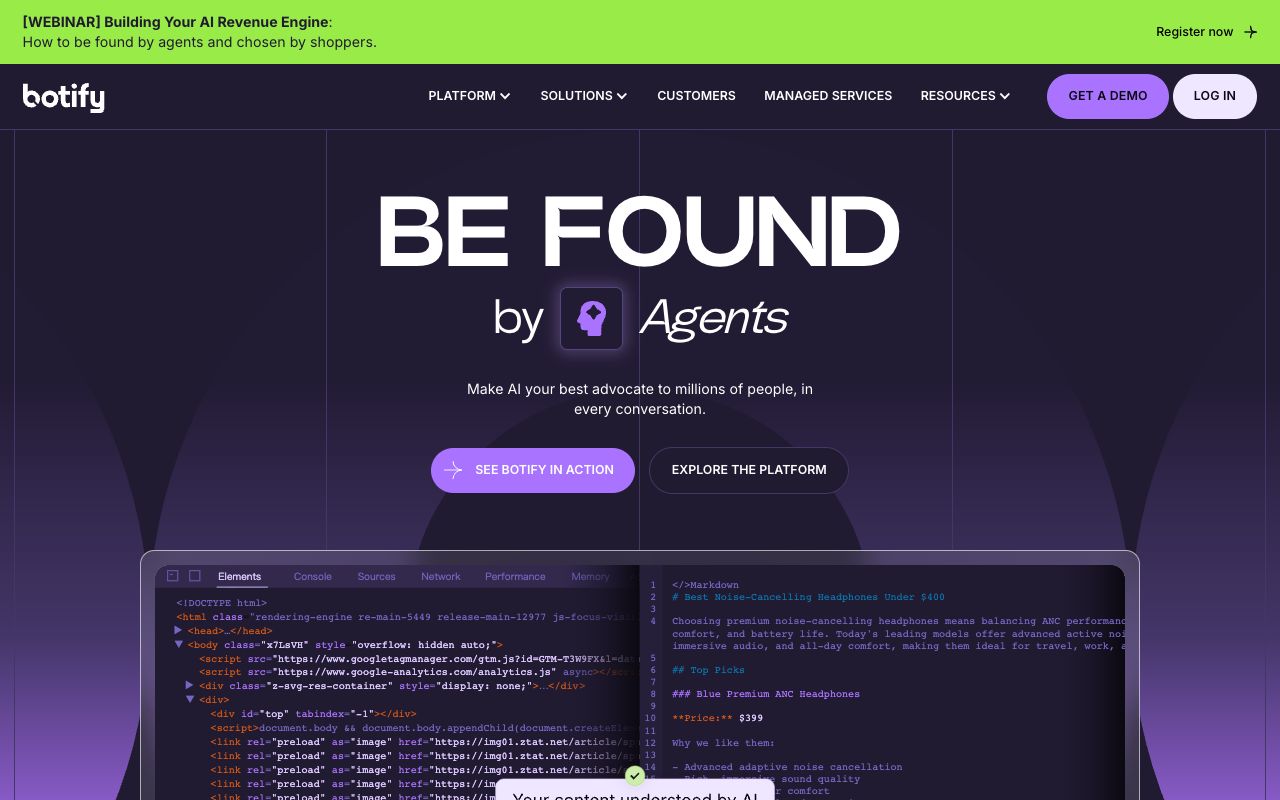Botify homepage showing its enterprise crawl and log analysis platform positioning