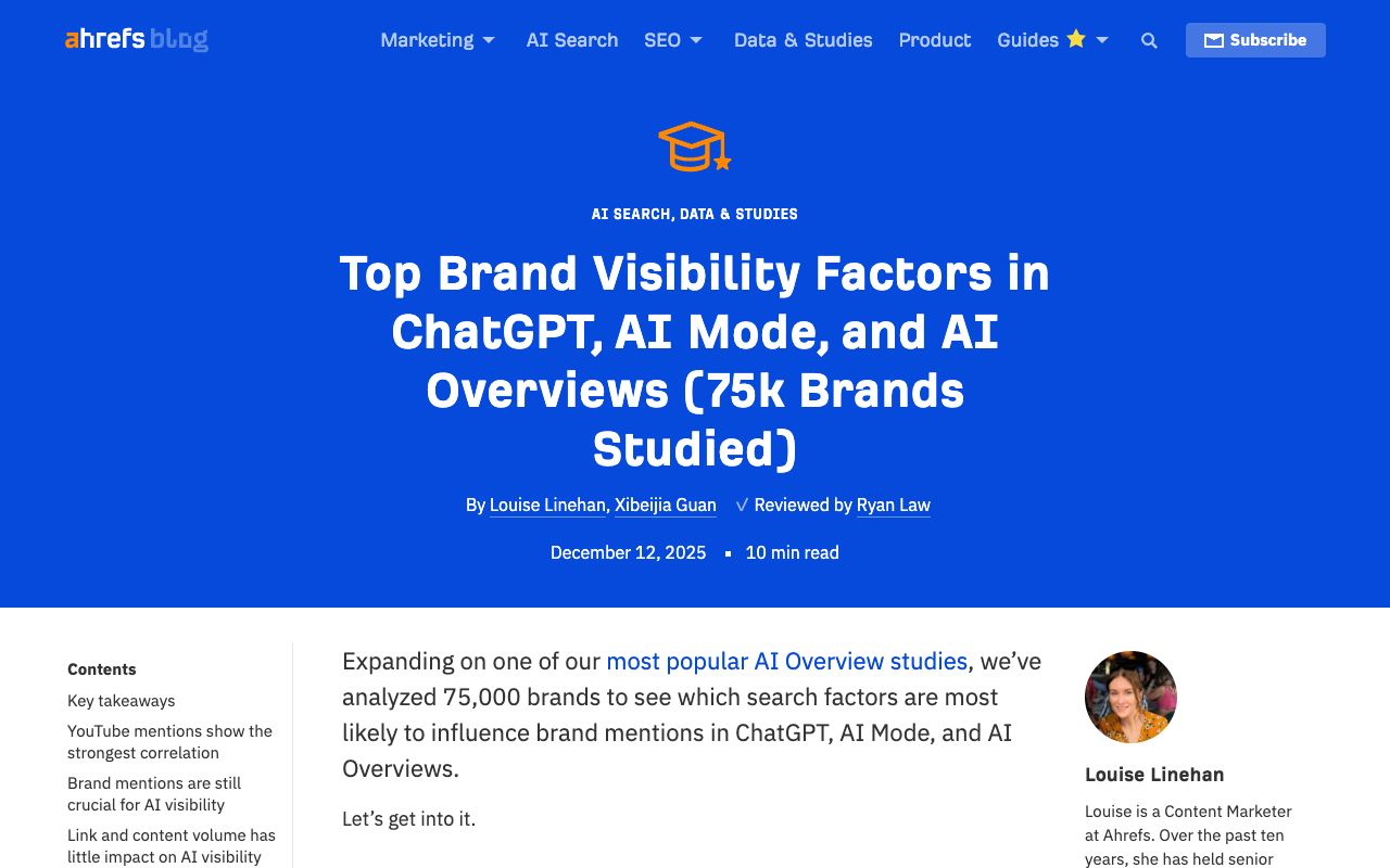 Ahrefs study of 75,000 brands ranking AI visibility correlation factors