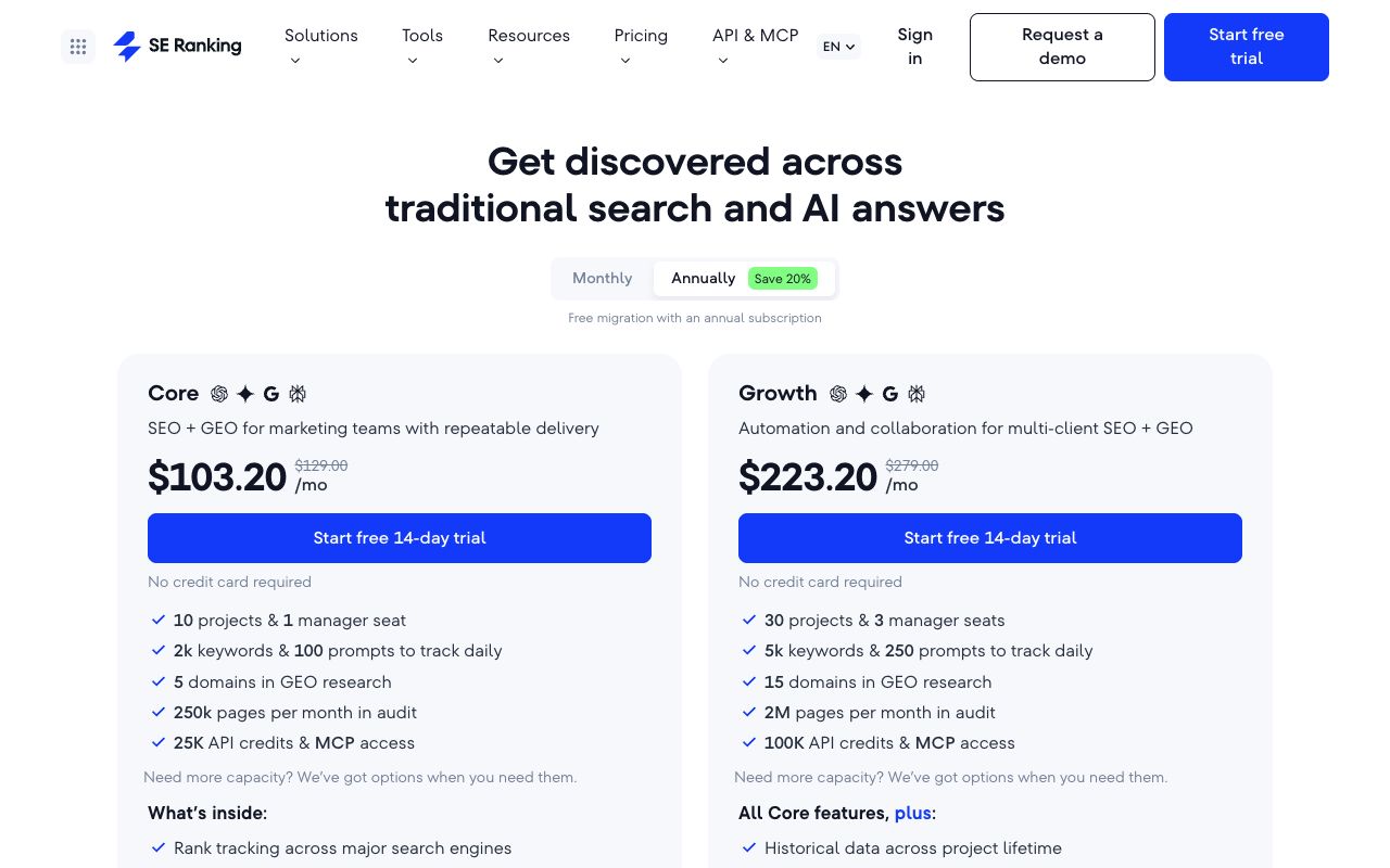 SE Ranking pricing page showing Core and Growth plans plus agency add-ons