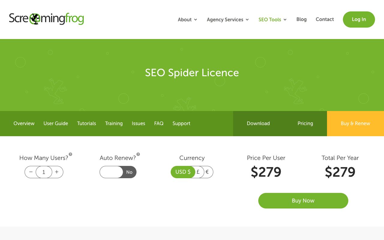 Screaming Frog SEO Spider pricing page showing the annual licence fee