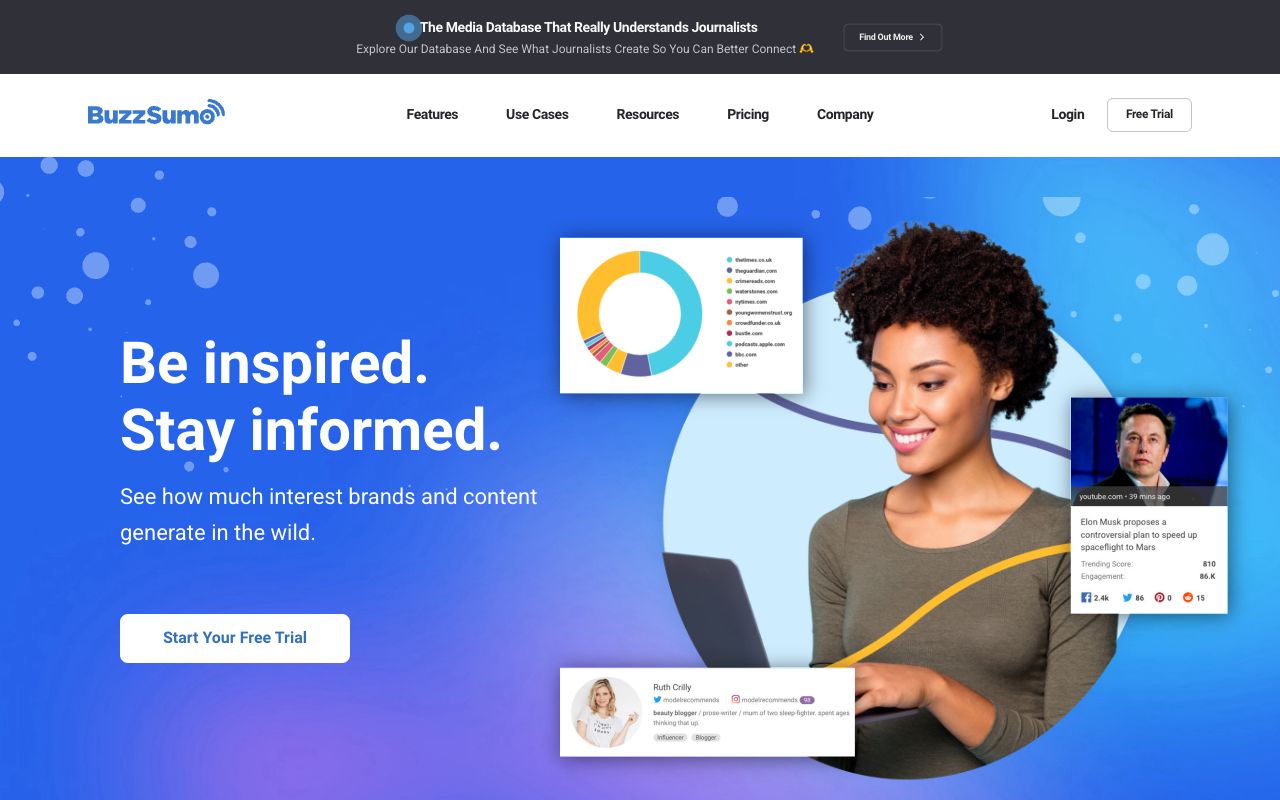 BuzzSumo homepage in August 2026 showing its content research and 8bn-article archive claim