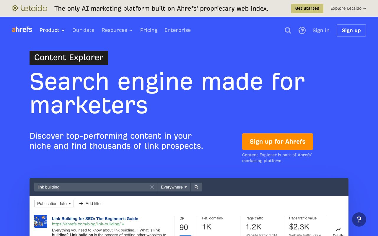 Ahrefs Content Explorer page stating a 20.9 billion page content index