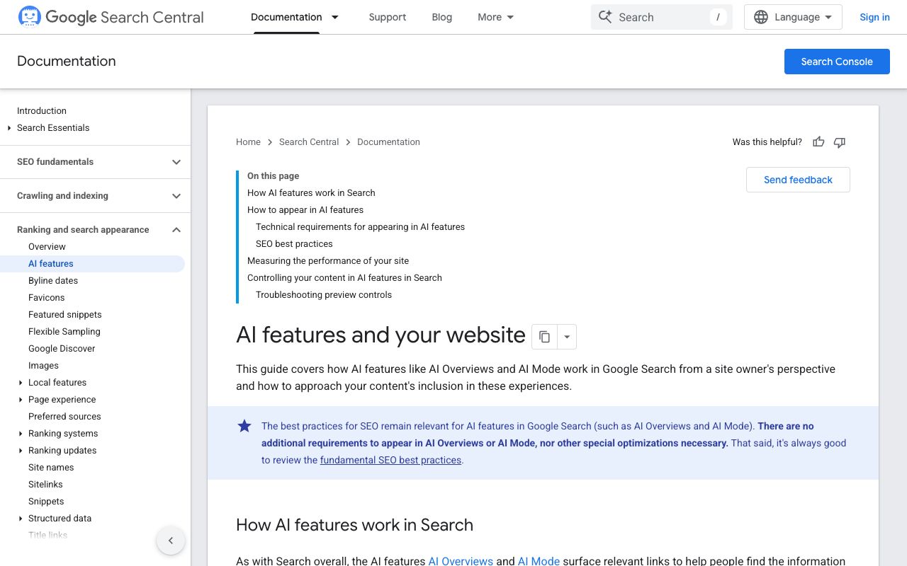 Google Search Central documentation stating there are no additional requirements to appear in AI Overviews or AI Mode