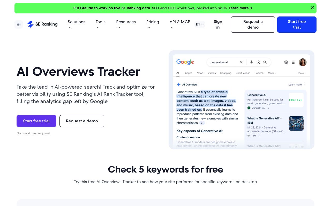 SE Ranking AI Overviews Tracker product page showing AIO presence, source domains and historical change