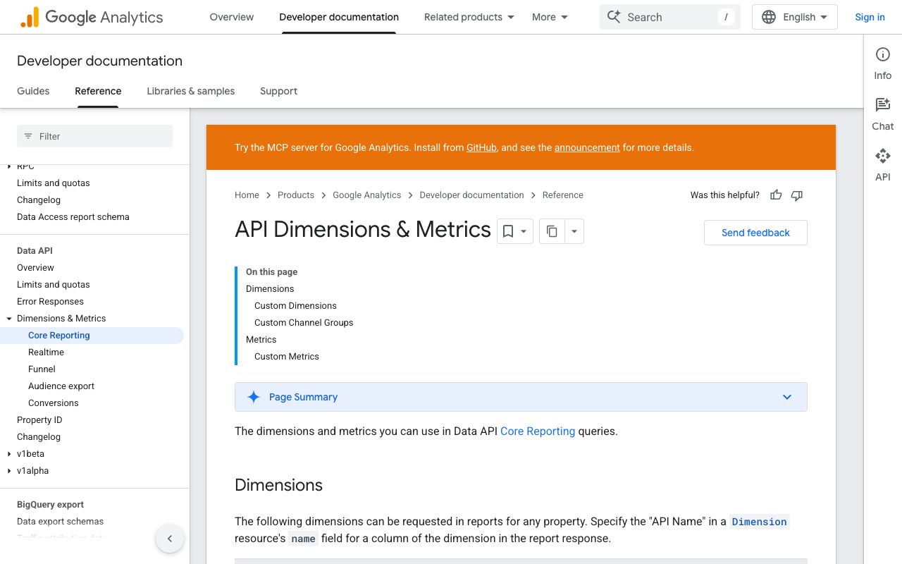 Google Analytics 4 Data API schema listing the country, region, city and language dimensions used for geographic segmentation