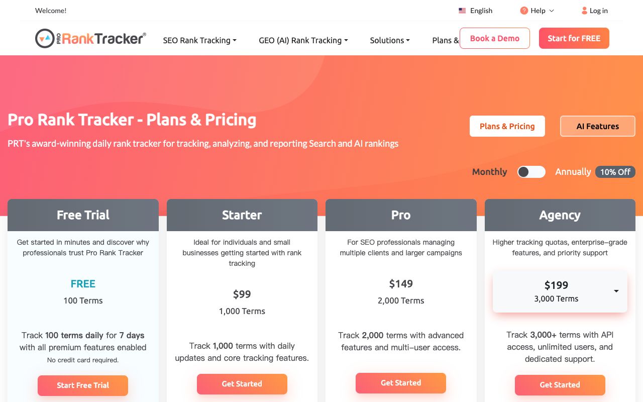 Pro Rank Tracker plans and pricing page showing Starter, Pro and Agency tiers with tracked term limits