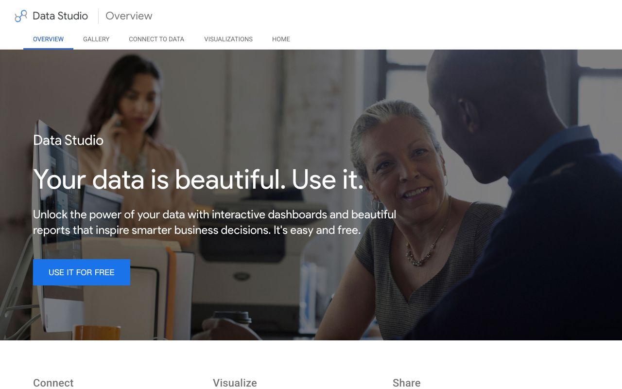 Looker Studio overview page showing Google's free dashboard and reporting builder