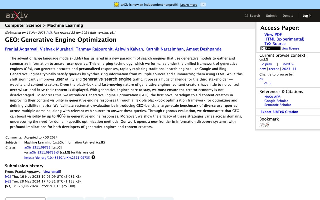 arXiv abstract page for the research paper GEO: Generative Engine Optimization