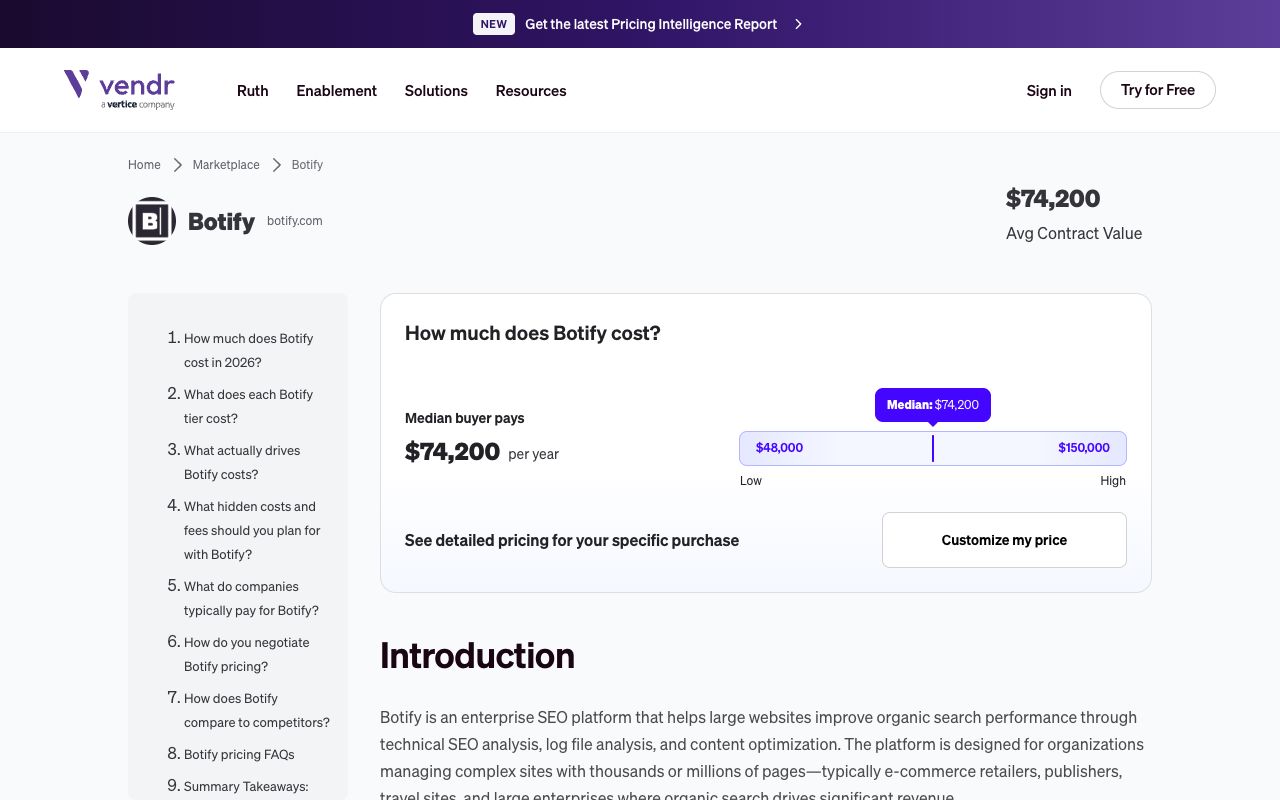Vendr marketplace page showing Botify median contract value and price range
