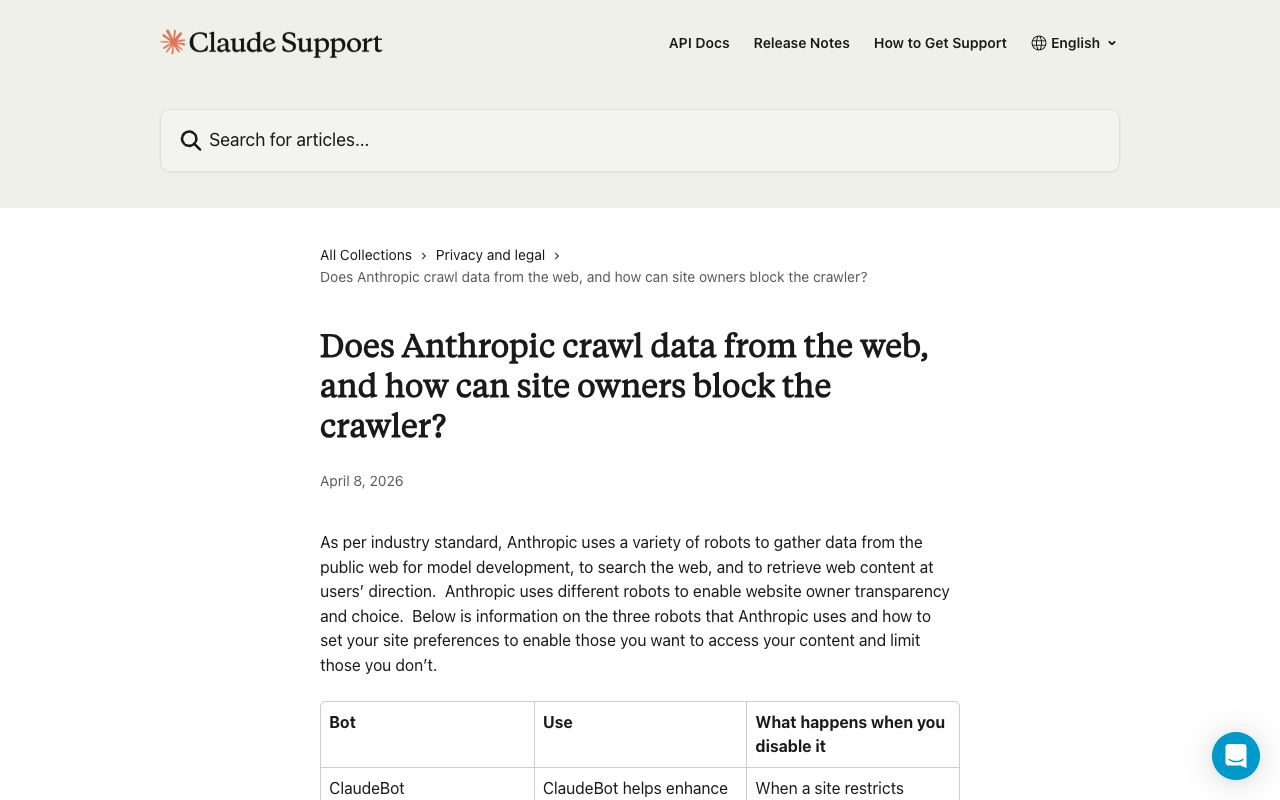 Anthropic support article listing the ClaudeBot, Claude-User and Claude-SearchBot crawler user agents