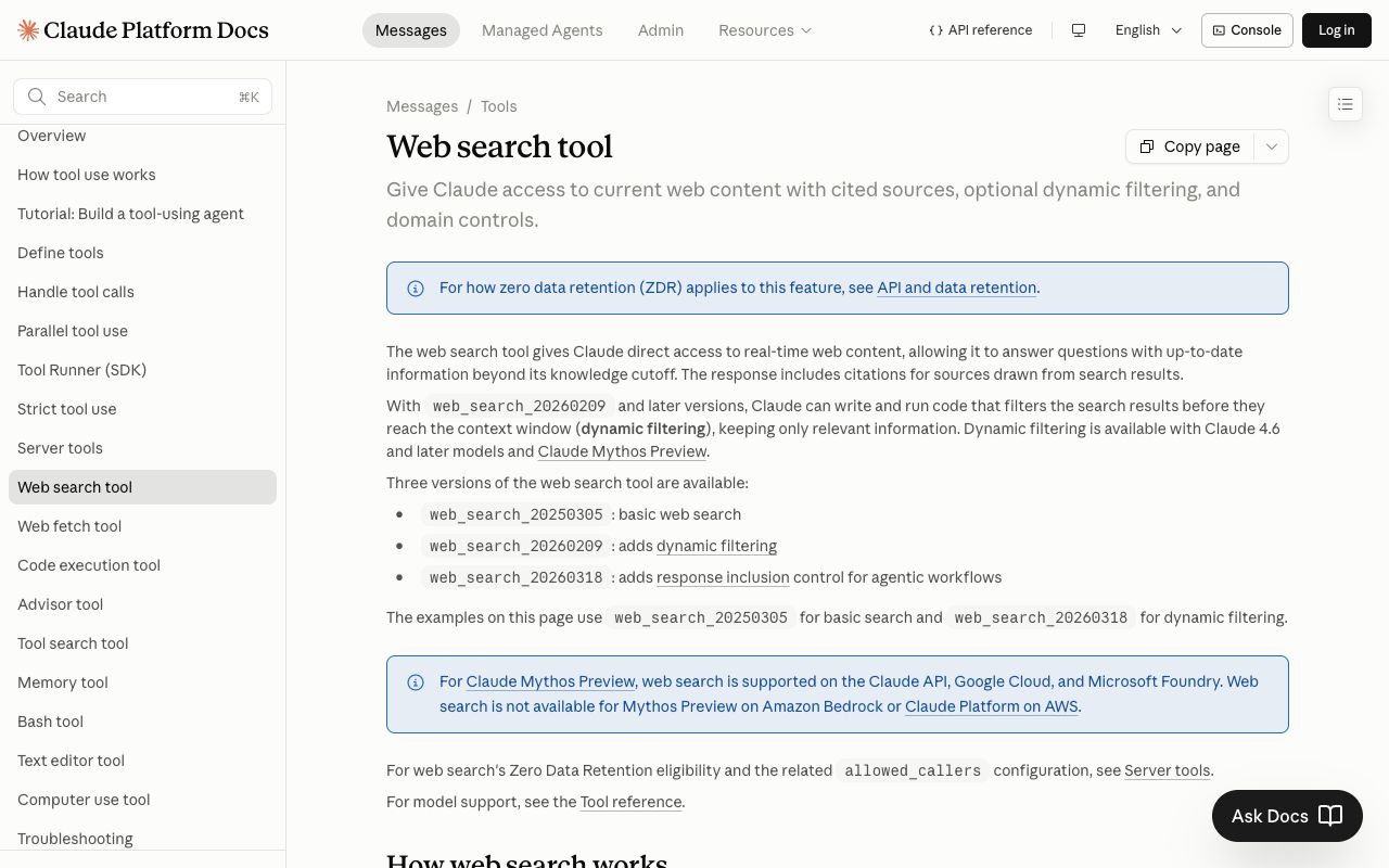 Anthropic web search tool documentation showing that citations are always enabled for web search