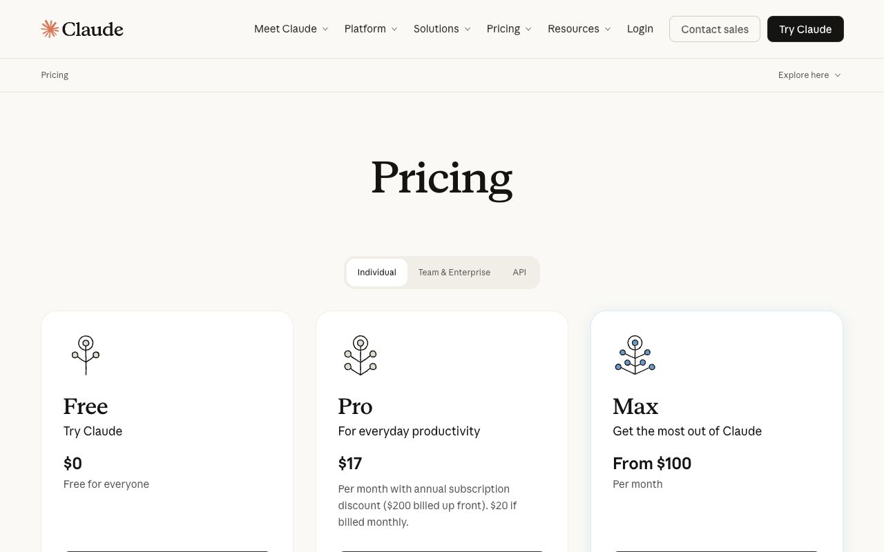 Claude plan pricing page showing the free tier with web search and Pro at 20 dollars per month