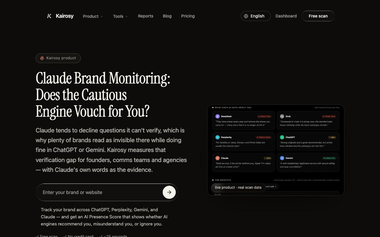 Kairosy Claude brand monitoring landing page explaining Claude-specific tracking setup