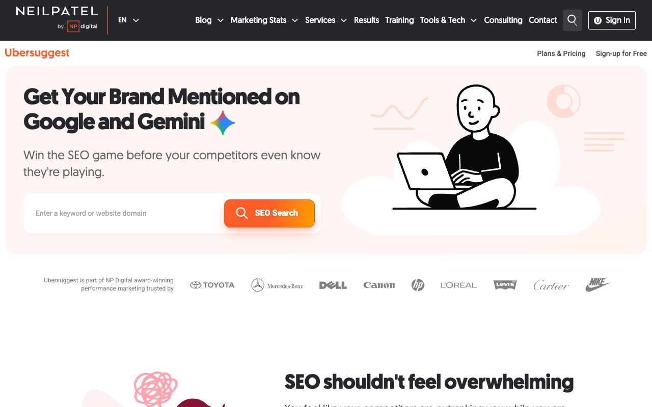 Ubersuggest homepage — budget keyword research tool and Semrush alternative for small business