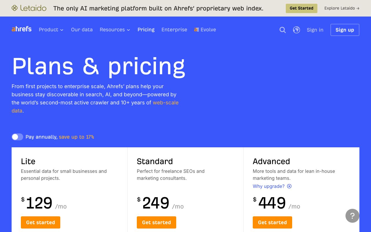 Ahrefs 2026 plans and pricing page with Lite, Standard and Advanced tiers