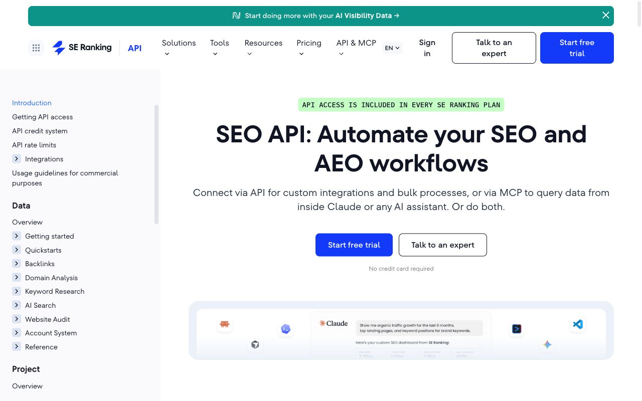 SE Ranking SEO API page — API access included in every plan