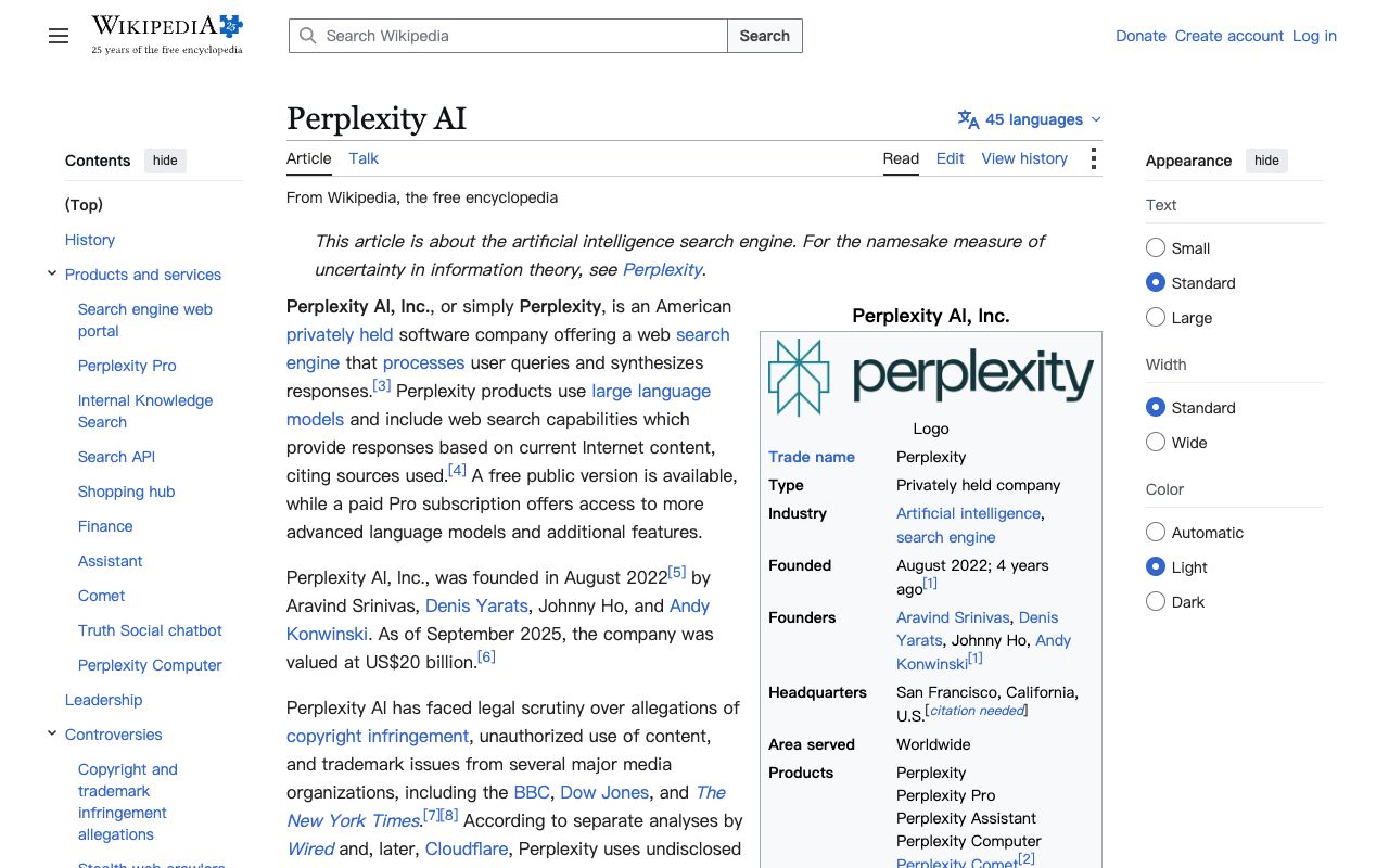 Wikipedia article on Perplexity AI describing its answer engine and cited sources