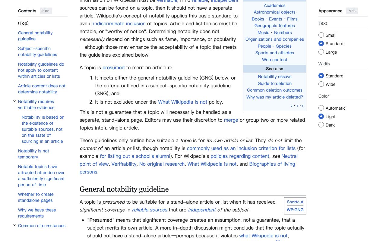 Wikipedia's general notability guideline page defining significant coverage in independent reliable sources