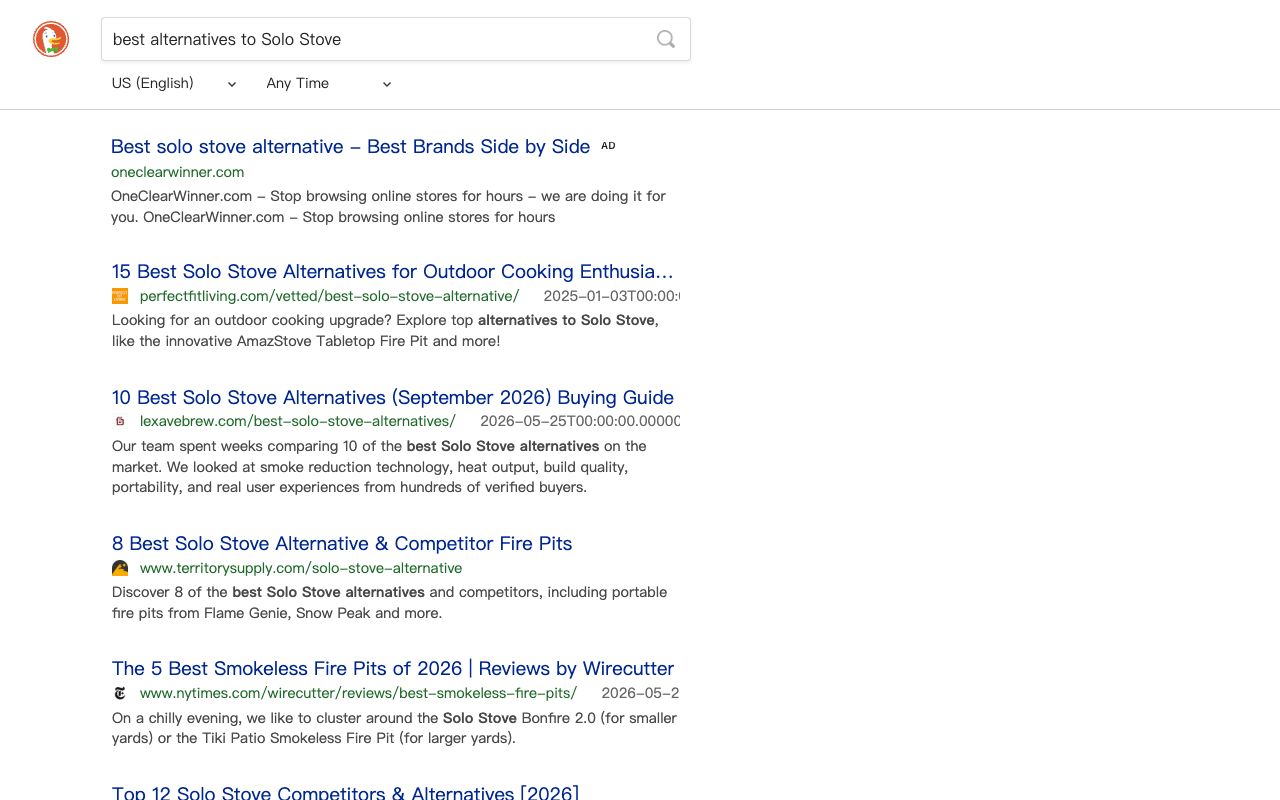 DuckDuckGo results for 'best alternatives to Solo Stove' showing the roundup pages that compete for the query