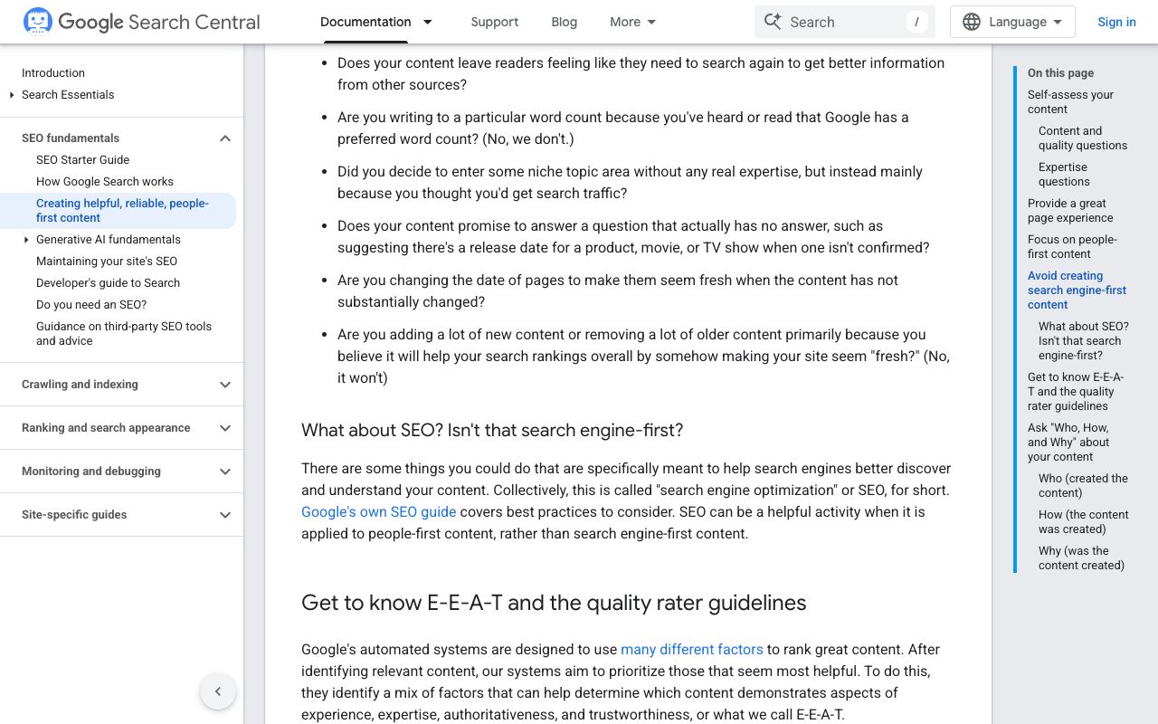Google Search Central documentation defining E-E-A-T and Your Money or Your Life topics