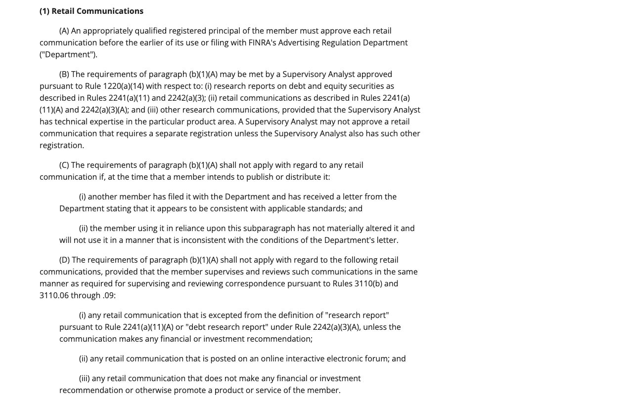 FINRA Rule 2210 content standards requiring fair and balanced communications with the public