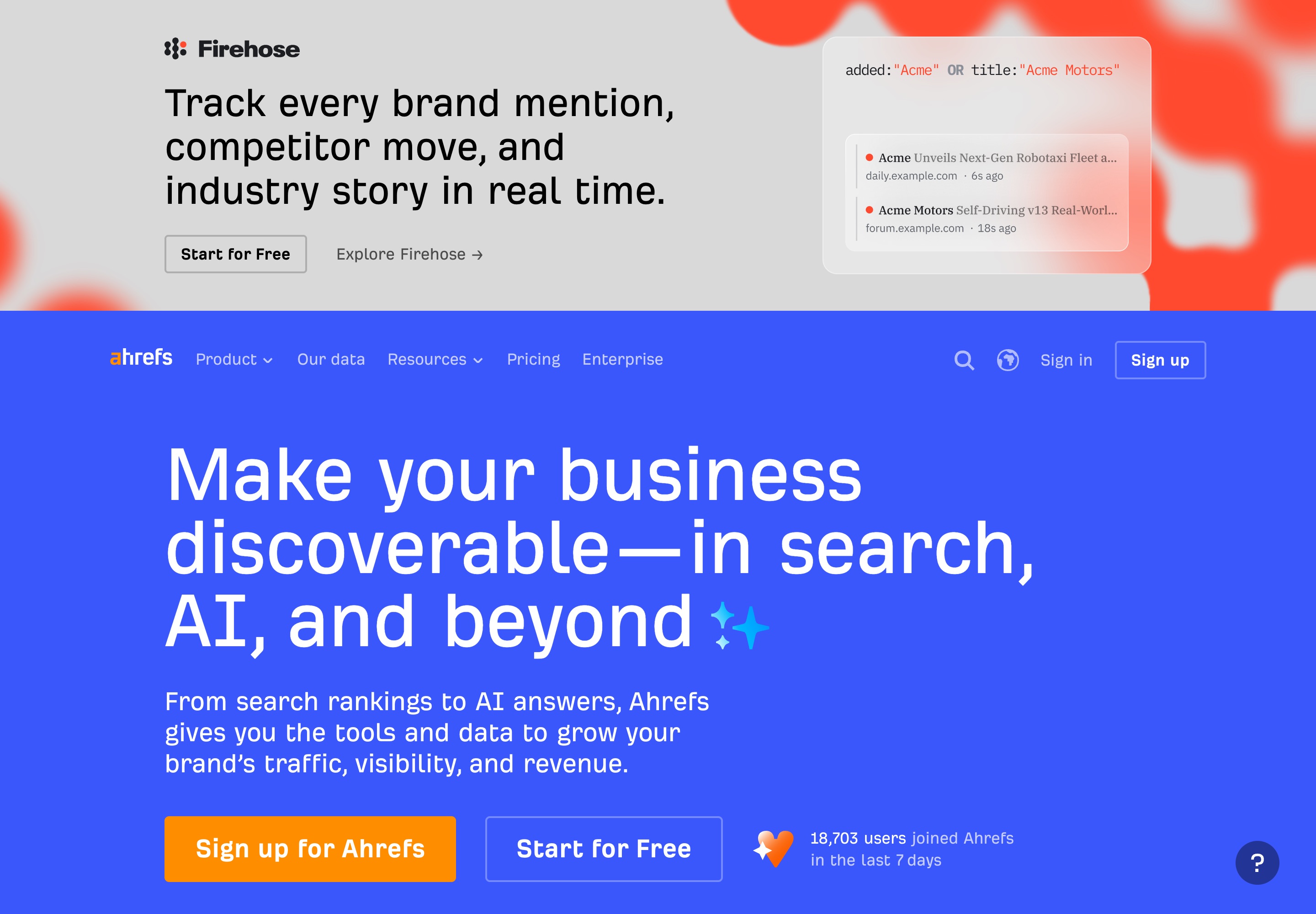 Ahrefs homepage introducing its SEO toolset including Keywords Explorer