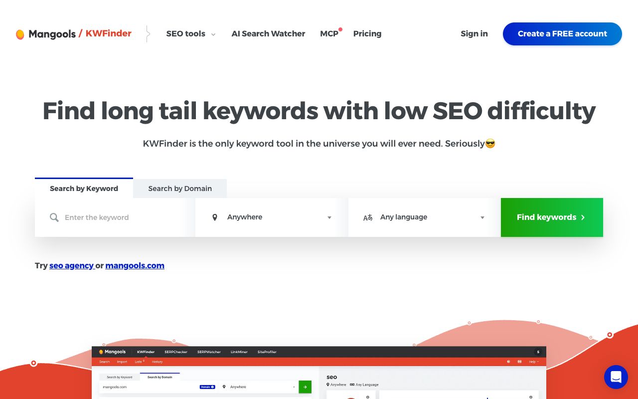 Mangools KWFinder page promising long-tail keywords with low SEO difficulty