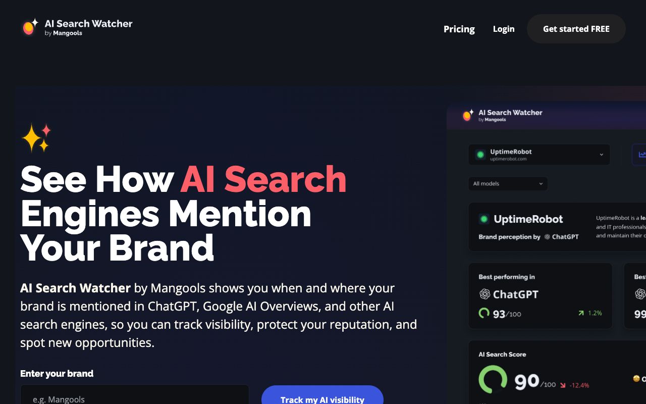 Mangools AI Search Watcher page listing the AI engines it tracks