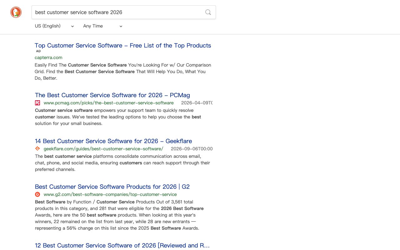DuckDuckGo results for best customer service software 2026 dominated by updated best-of listicles
