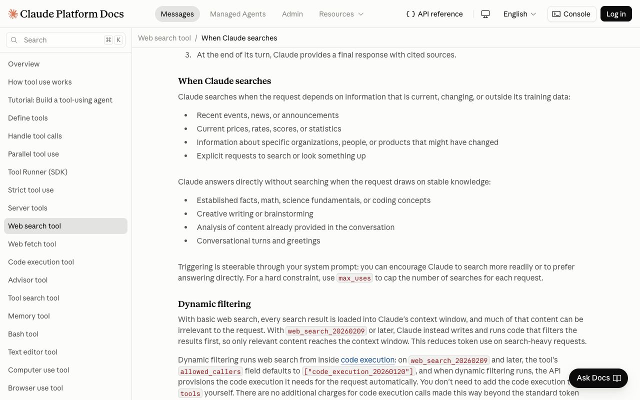 Claude web search tool documentation listing when Claude searches and when it answers directly from stable knowledge