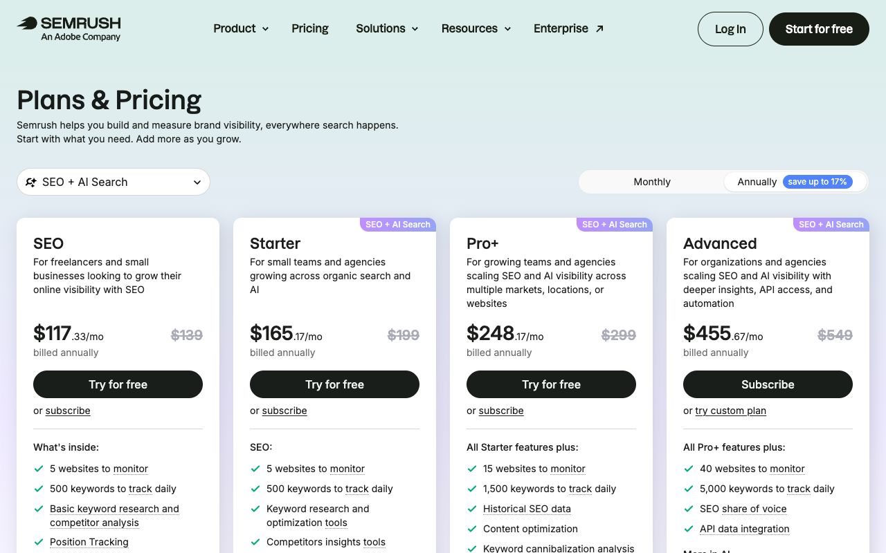 Semrush plans and pricing page showing the SEO, Starter, Pro+ and Advanced tiers with monthly prices