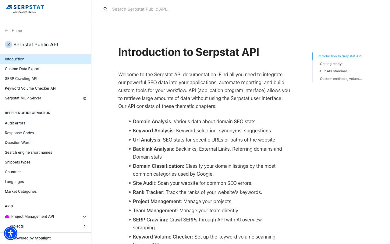 Serpstat public API documentation introduction page listing the available API modules