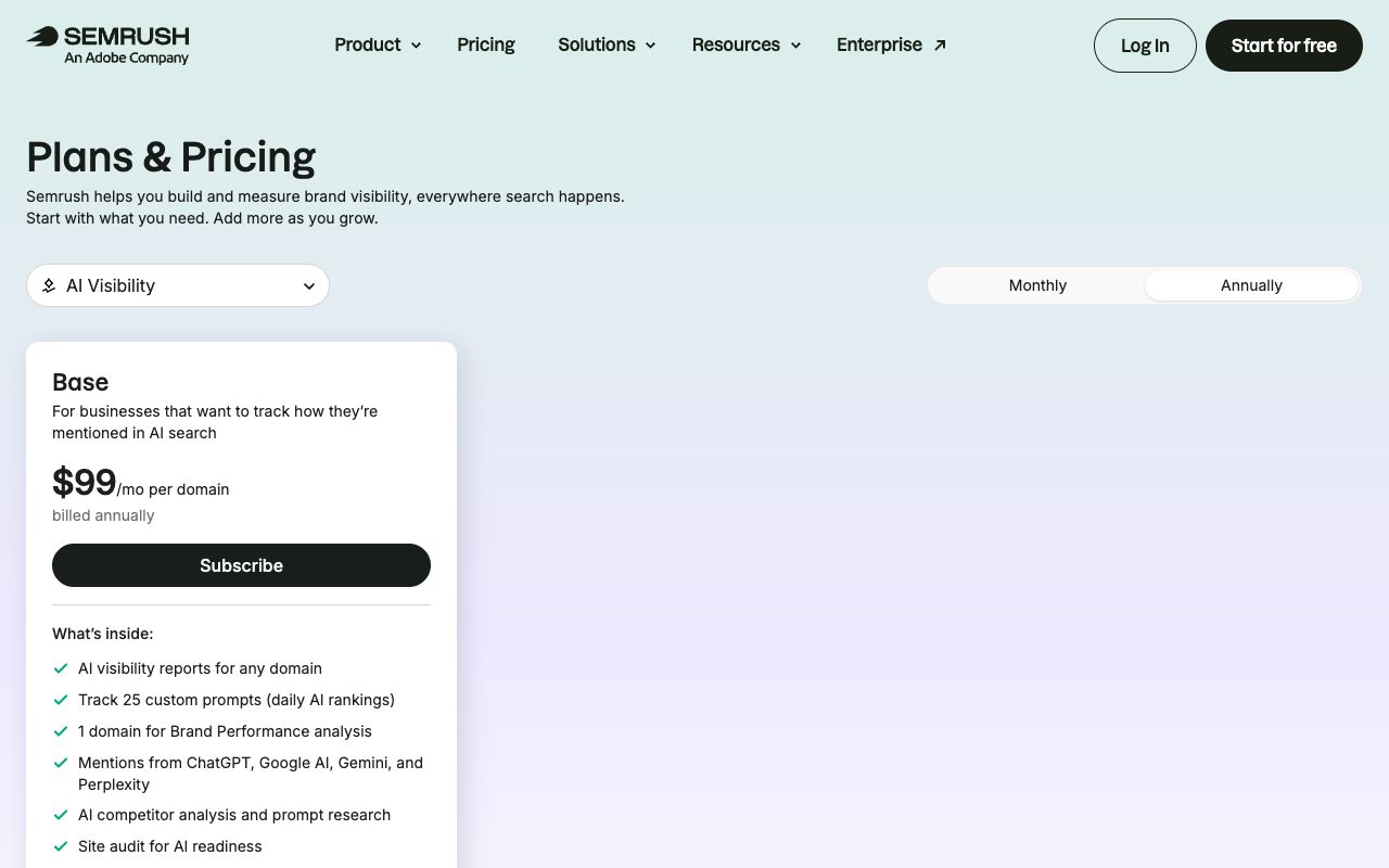 Semrush AI Visibility Toolkit pricing page listing the $99 per domain plan and tracked prompts