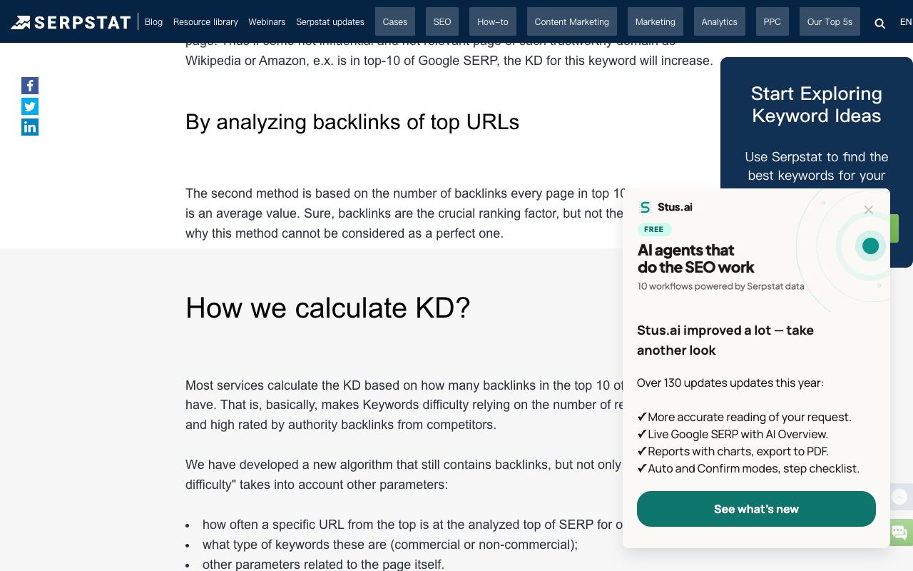 Serpstat blog post section How we calculate KD, explaining that its difficulty score uses more than backlinks