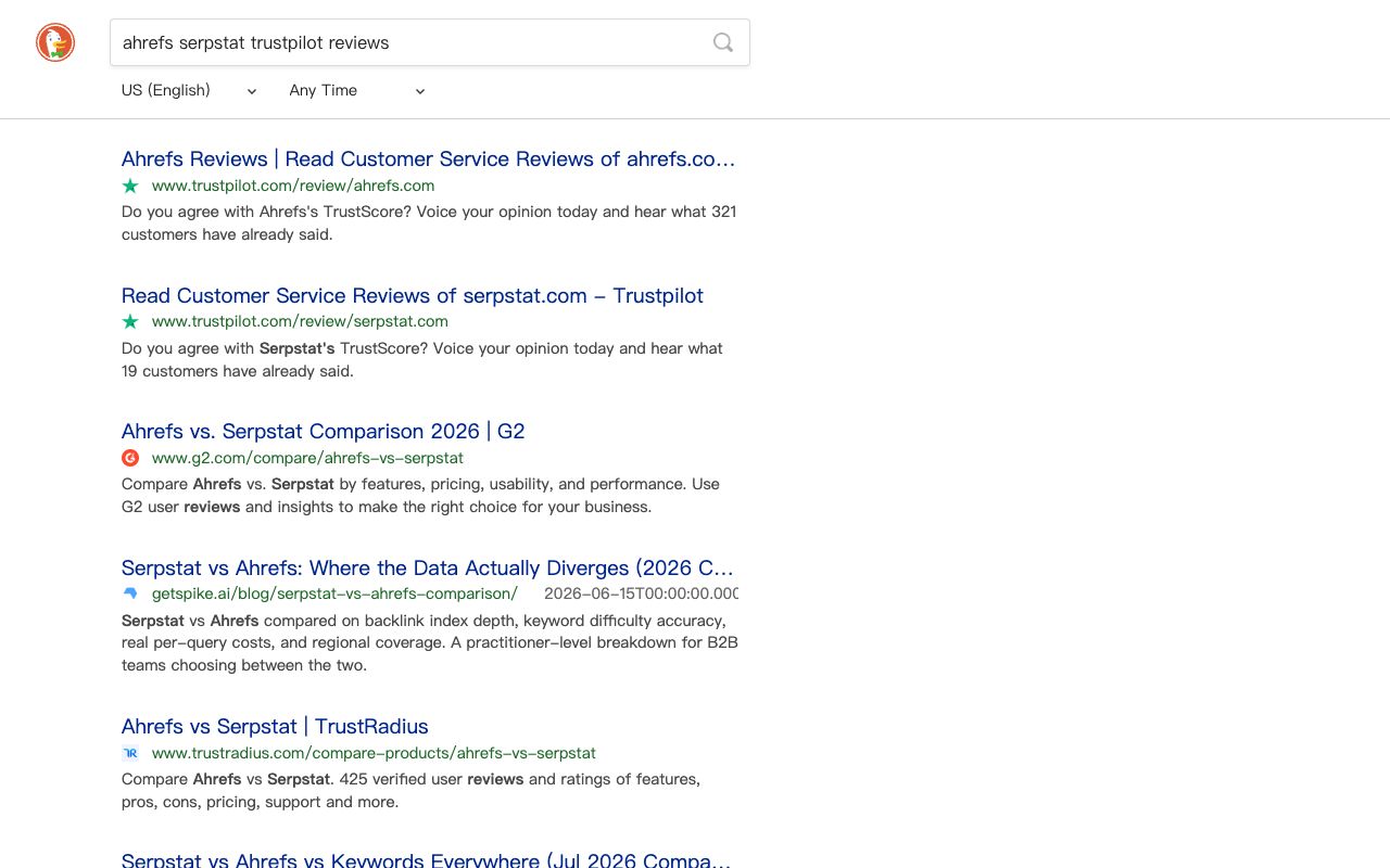 Search results for Ahrefs and Serpstat reviews, showing the Trustpilot listings for both tools