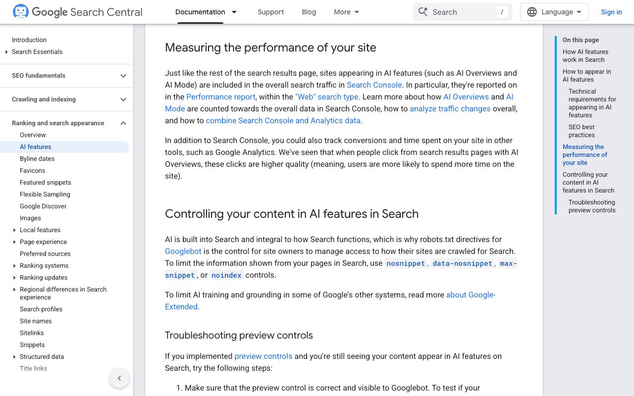 Google Search Central AI features documentation section on controlling content with nosnippet, data-nosnippet, max-snippet and noindex