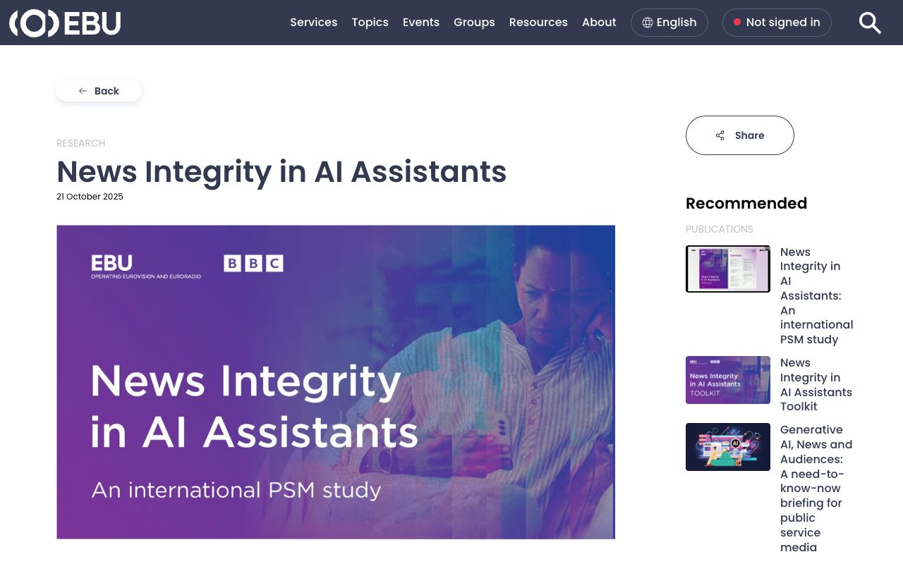 EBU and BBC News Integrity in AI Assistants report page, evidence that AI answers carry accuracy and sourcing issues