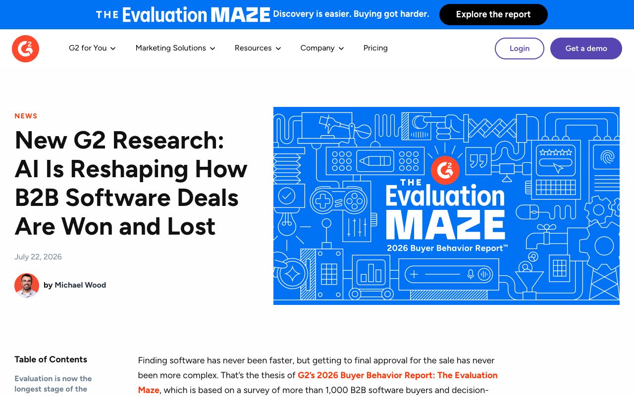 G2 2026 Buyer Behavior Report announcement on buyers using AI chatbots to compare and narrow vendors