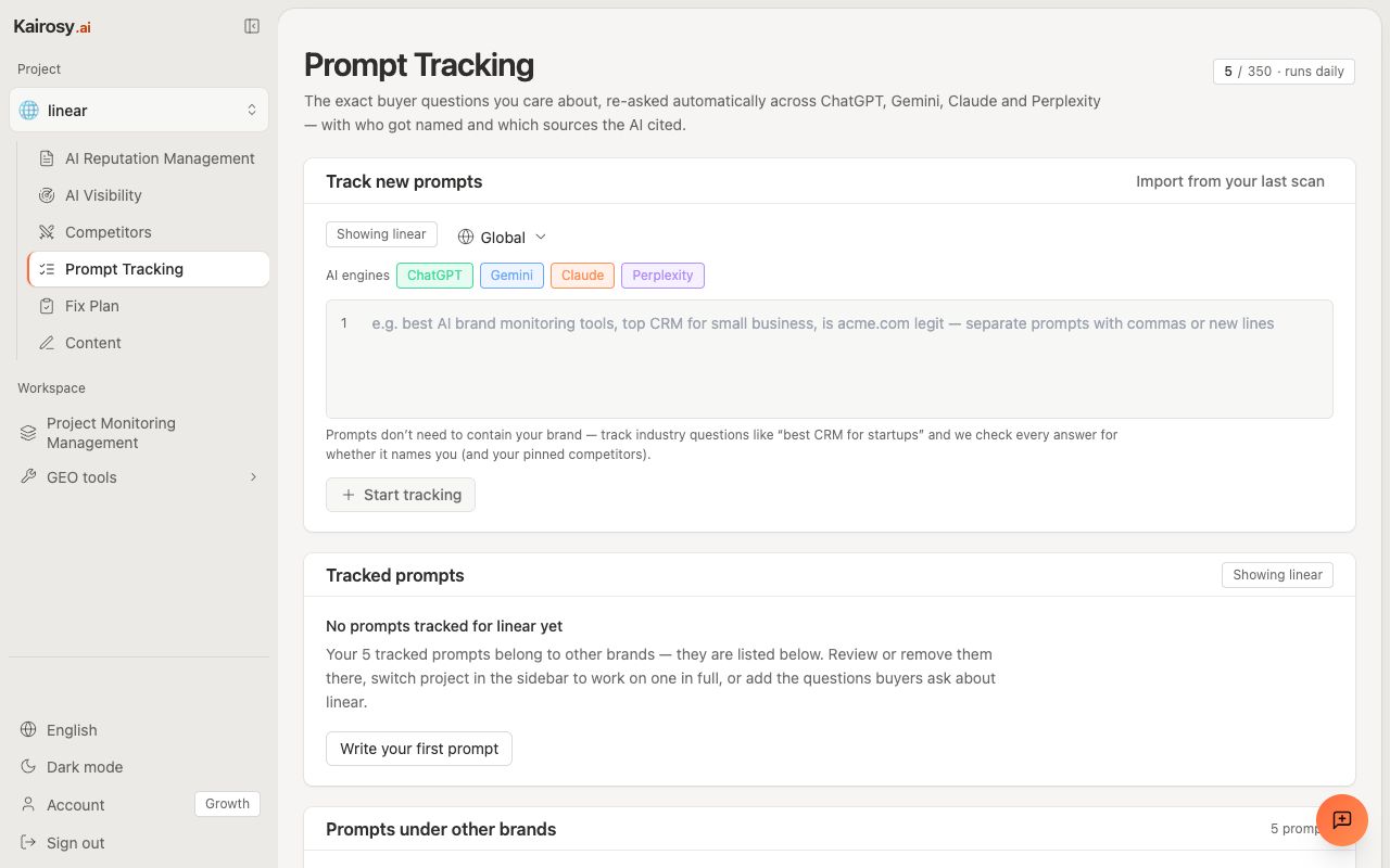 Kairosy Prompts module tracking a fixed prompt set daily across four AI engines