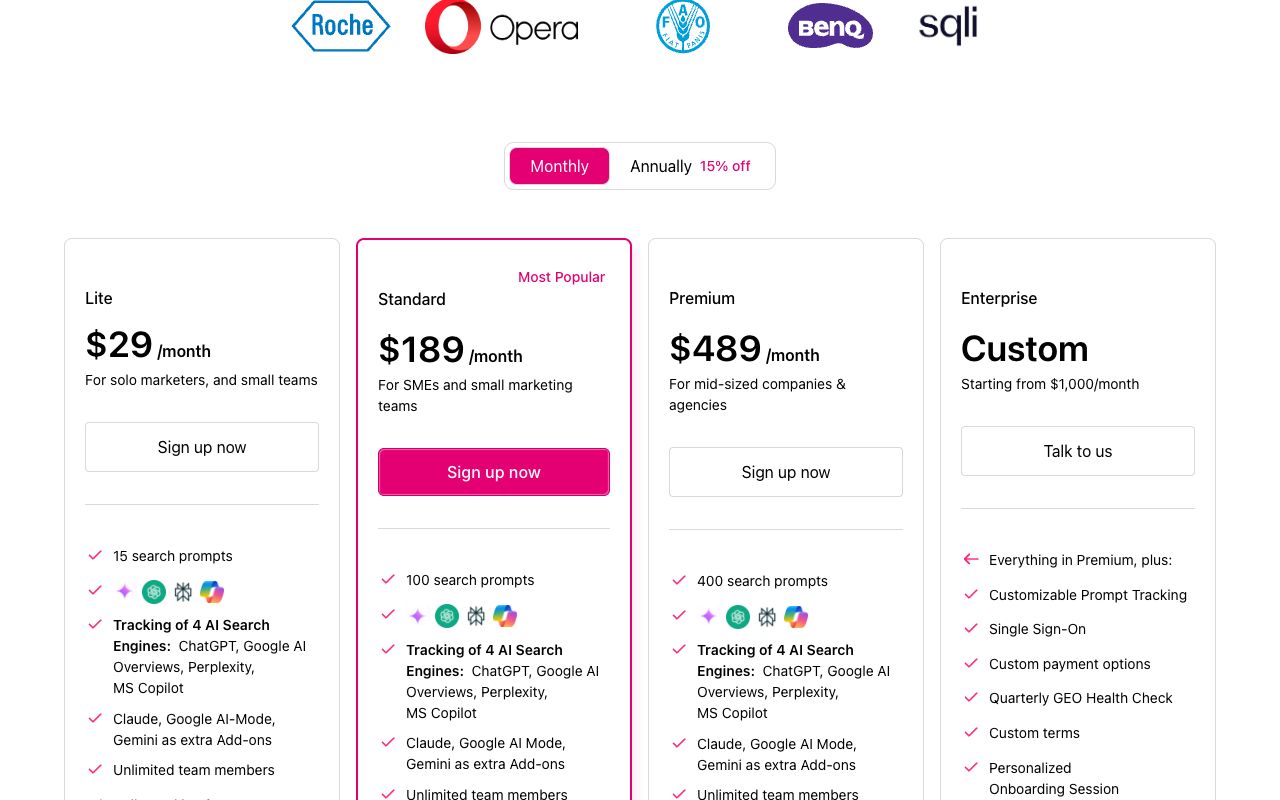 Otterly.AI pricing page listing Lite, Standard and Premium plans with prompt limits, September 2026