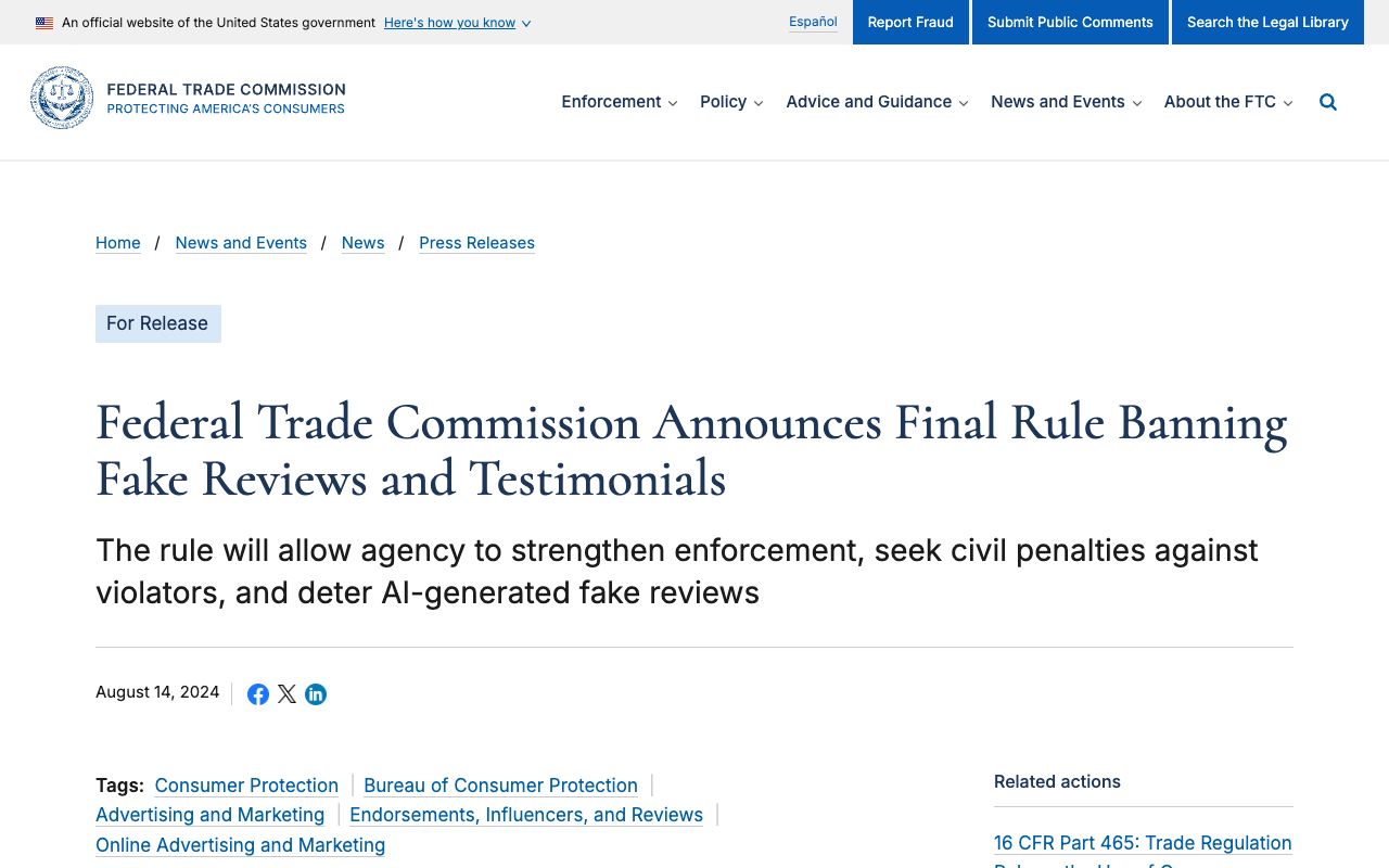 FTC press release announcing the final rule banning fake reviews and testimonials, 16 CFR Part 465