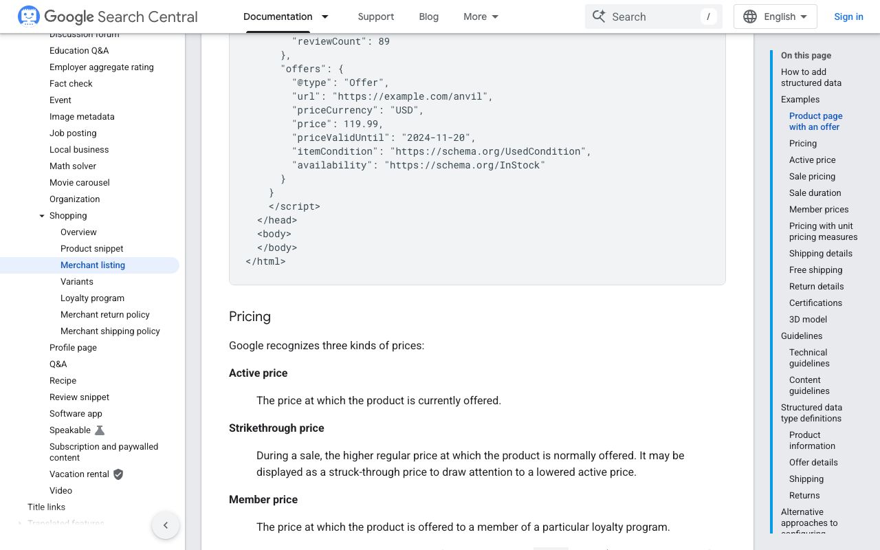 Google merchant listing structured data documentation showing required Product and Offer properties including price and priceCurrency