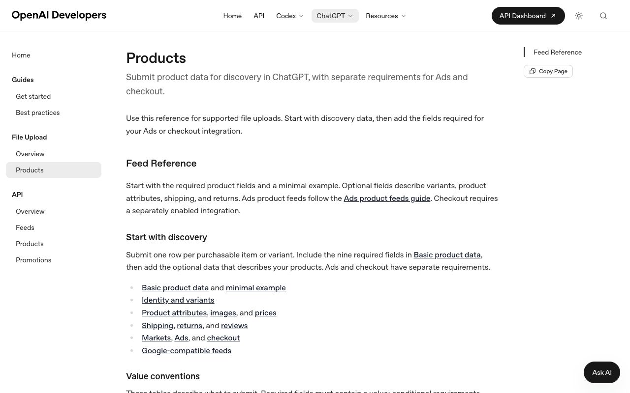 OpenAI product feed specification listing the required fields item_id, title, description, url, brand, seller_name, image_url, availability and price