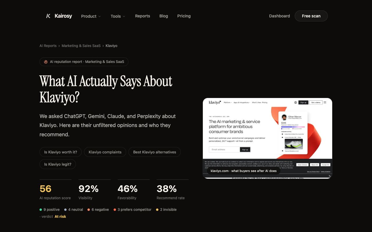 Kairosy public report for Klaviyo showing a 56 AI reputation score with per-engine scores of 66, 44, 54 and 61 across ChatGPT, Gemini, Claude and Perplexity