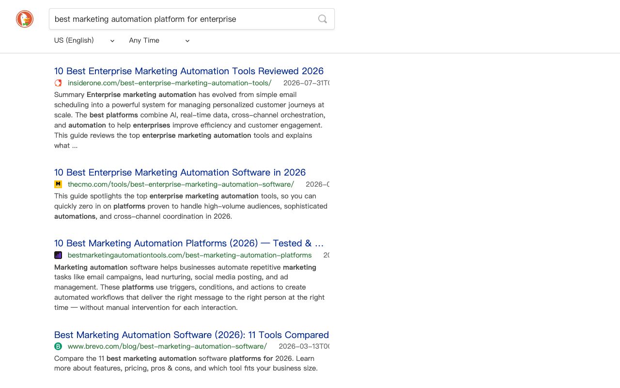 DuckDuckGo results page for the buyer query best marketing automation platform for enterprise