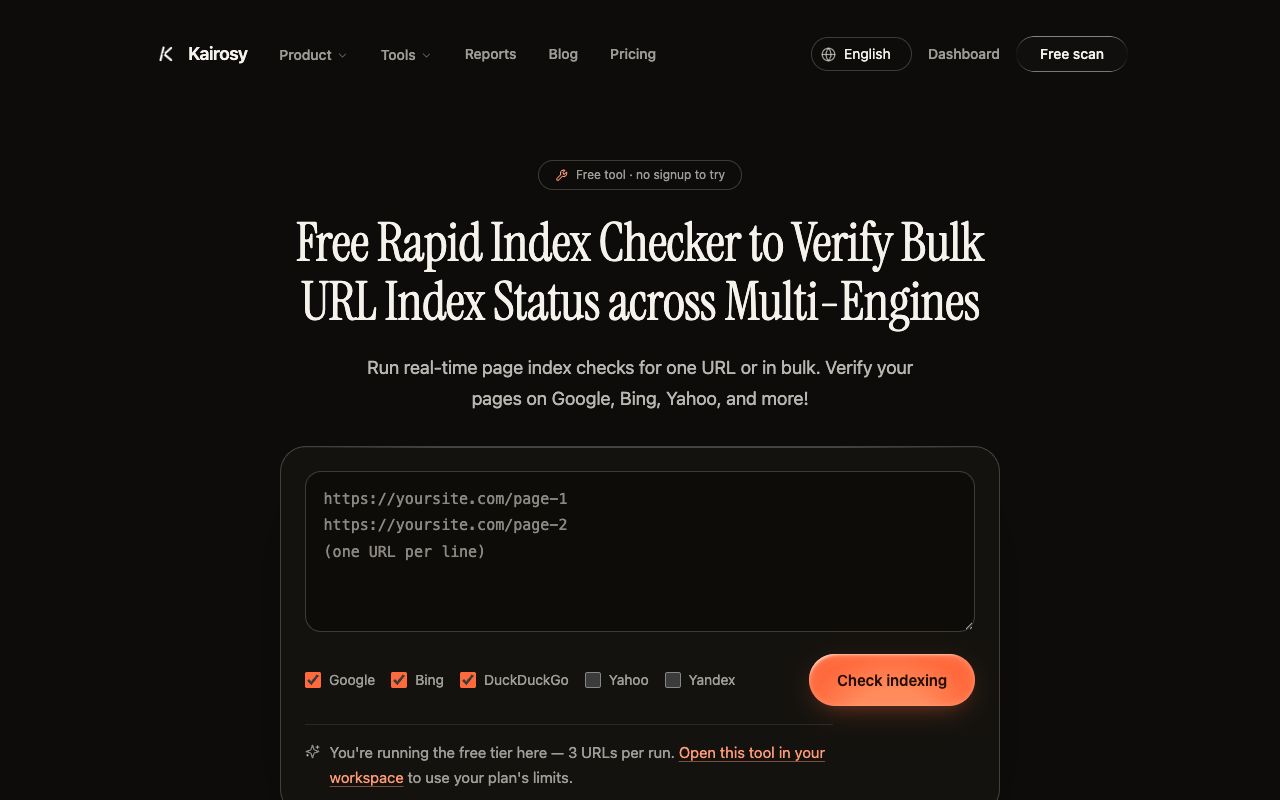 Kairosy free index checker verifying whether a URL is indexed on Google, Bing, DuckDuckGo, Yahoo and Yandex