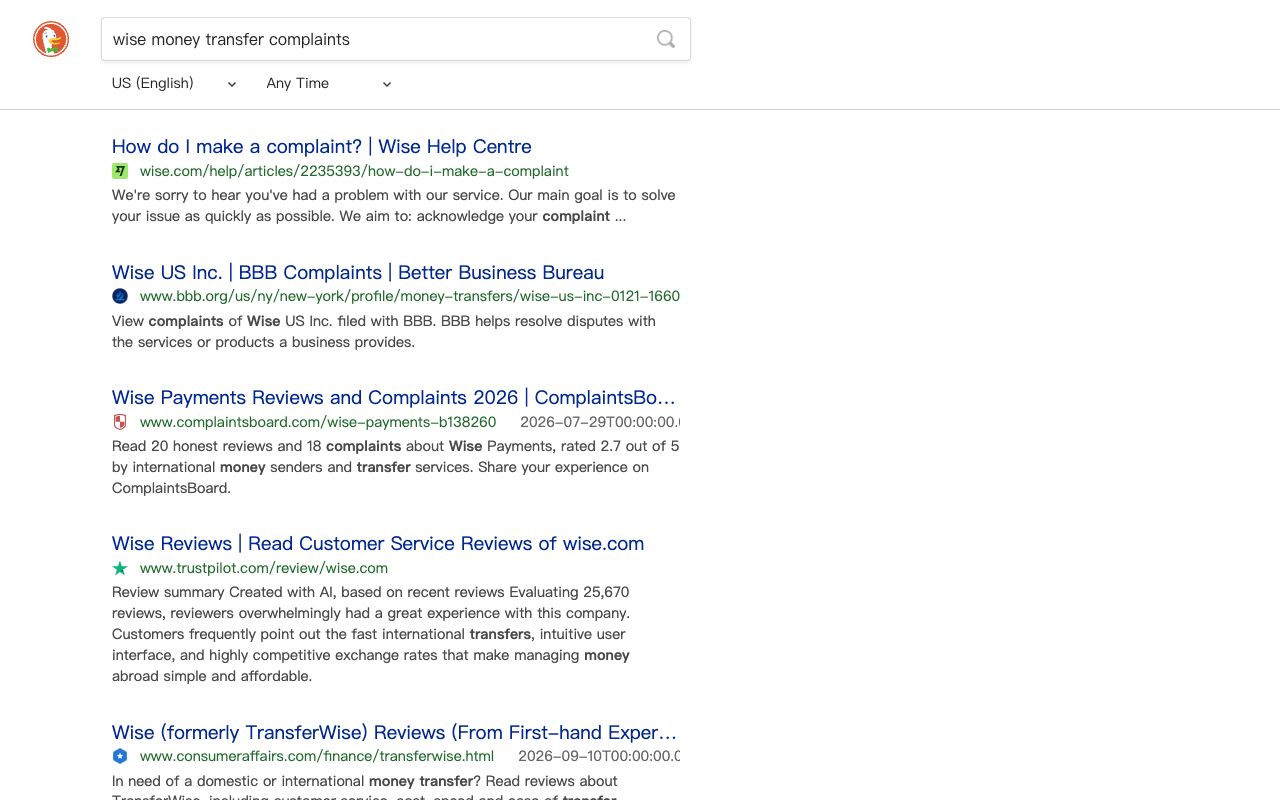 DuckDuckGo results for wise money transfer complaints showing the review-site and forum pages AI engines draw complaint language from