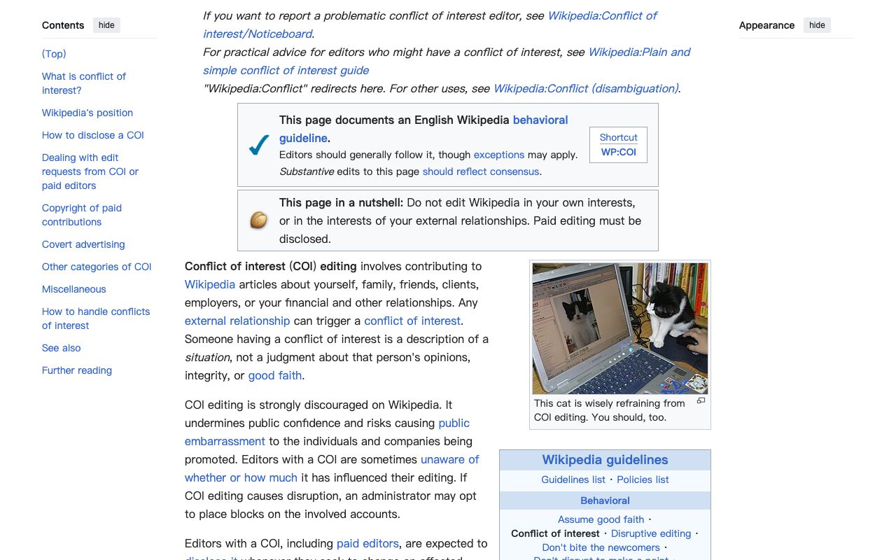 Wikipedia conflict of interest guideline advising company representatives to propose changes on talk pages
