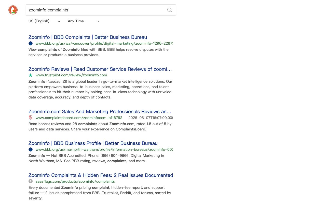 DuckDuckGo search results for ZoomInfo complaints, the kind of third-party pages to log and assign an owner in the Source stage
